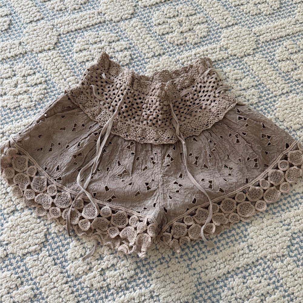 Sunday High Waist Crochet Lace Shorts - Tan